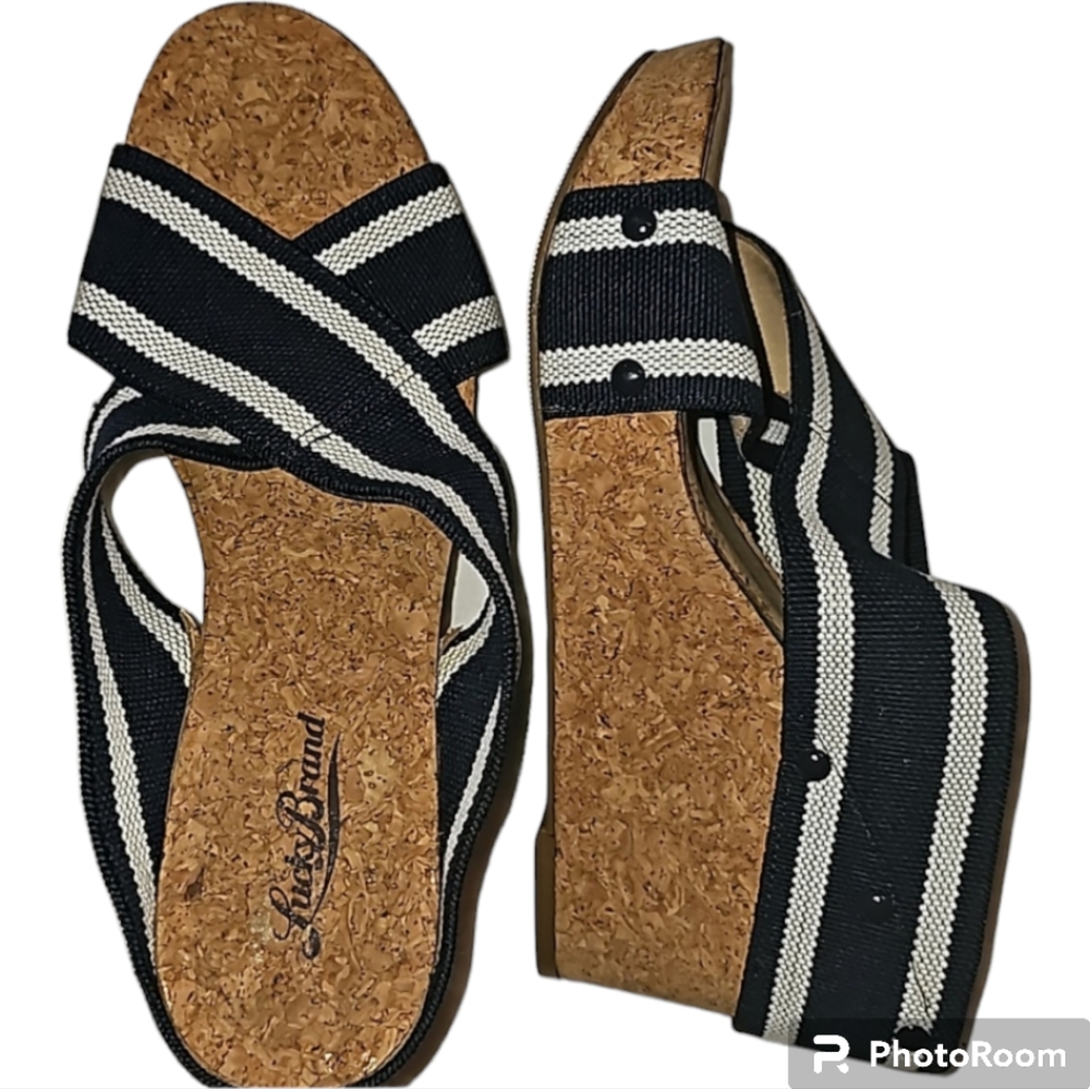 Lucky Brand sandals cork wedges elastic straps navy blue white sz 7.5 firs wide